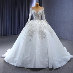 Long Sleeve Wedding Gown Crystal Bead Scoop Neck Lace Appliques Embroidery Wedding Dress 